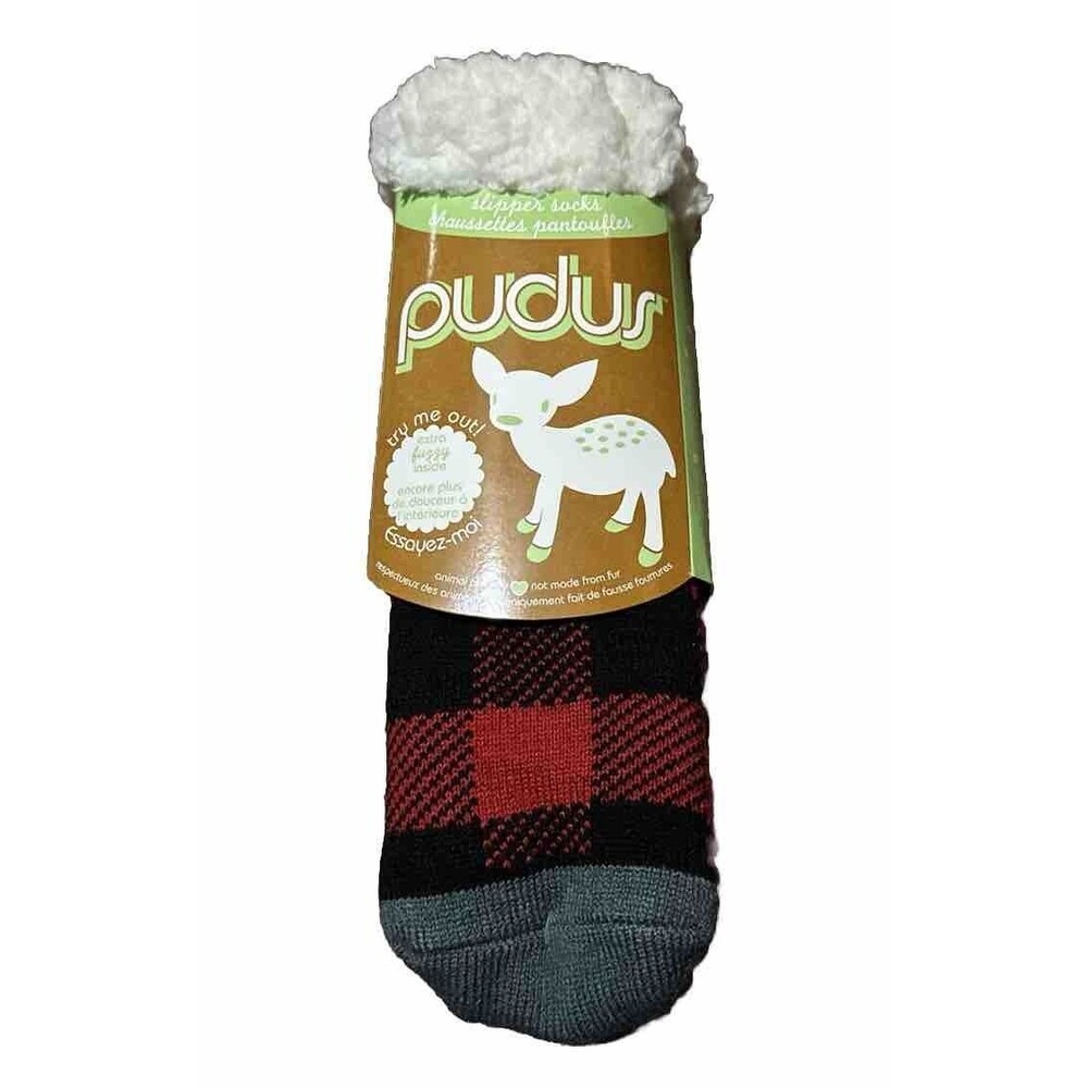 Pudus Slipper Socks Women’s Lumberjack Red Black Plaid Warm Cozy Fuzzy NEW Soft!